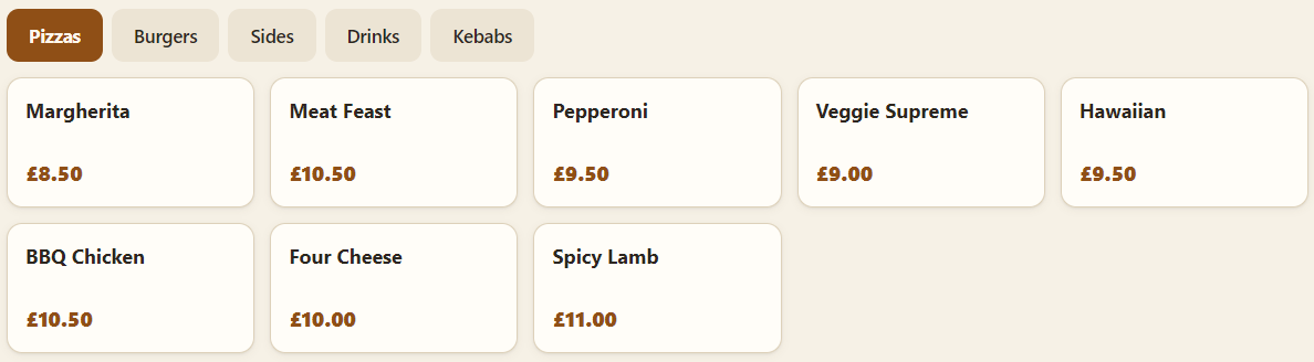 The AlphaTill menu, with tabs for pizzas, burgers, sides, drinks and kebabs.
