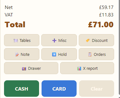 The order total: net &pound;59.17, VAT &pound;11.83, total &pound;71.00, above the CASH and CARD keys.