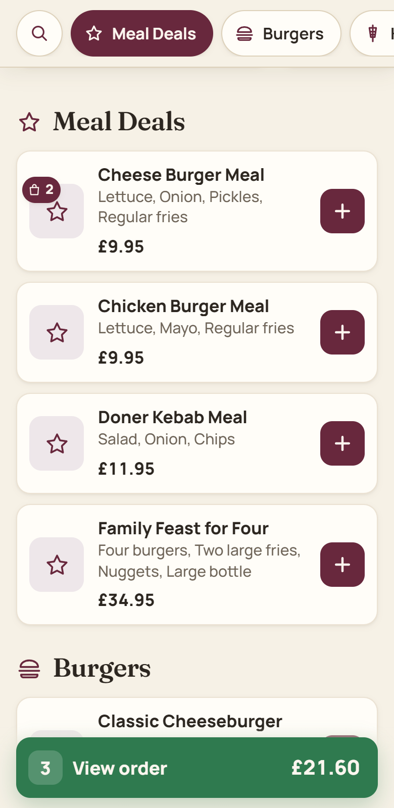 The ordering page on a phone: the Meal Deals section of a demo shop with four dishes and their prices, the section buttons pinned at the top and a green View order button showing 3 items for £21.60.